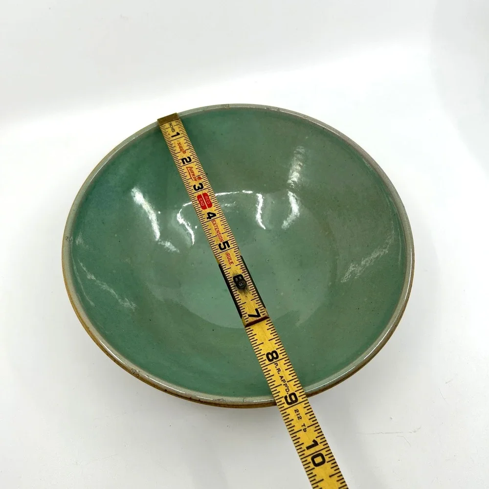 Hand Thrown Stoneware Pottery Bowl Blue Green Earthtones Signed Stoneware
